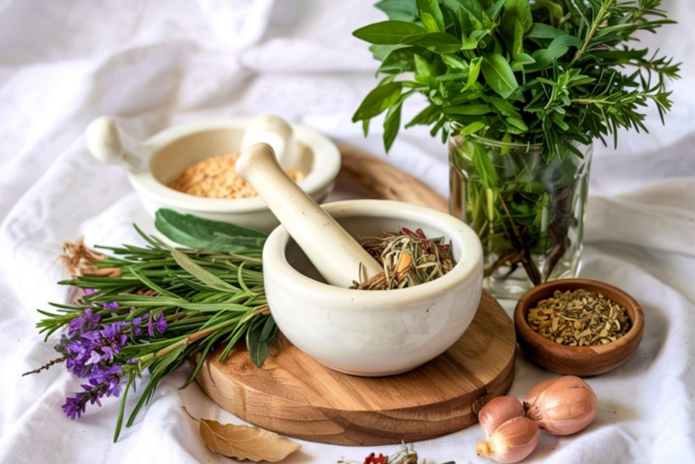 Fresh green herbs and lavender next to a white ceramic mortar and pestle filled with dried botanical ingredients